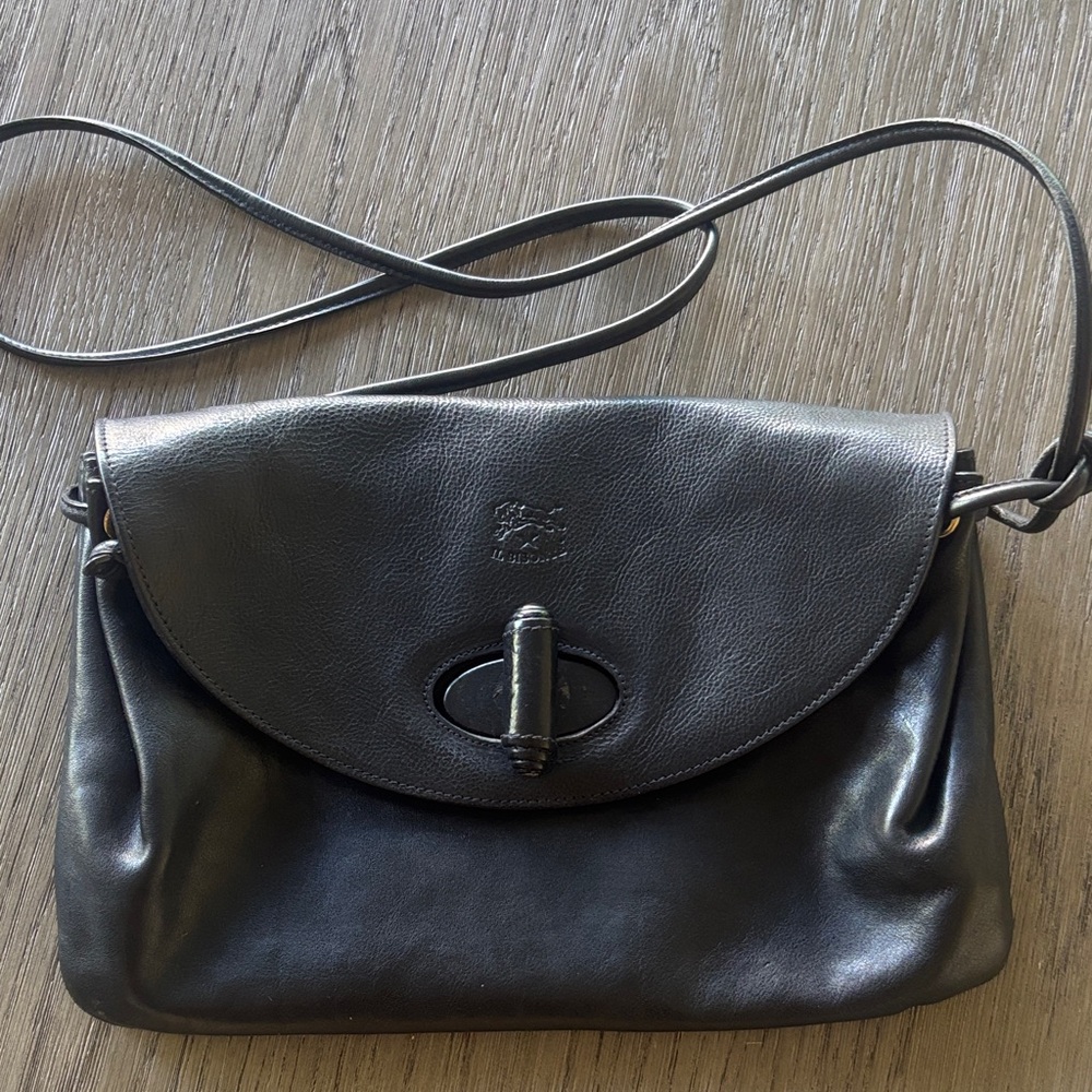 Black Leather Crossbody with Turn-Lock Flap